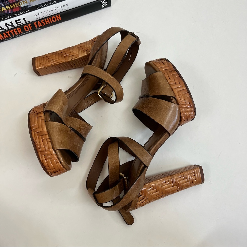 Tory Burch Heels Cella Cognac Leather Strappy Platforms Sandal - Picture 9 of 12